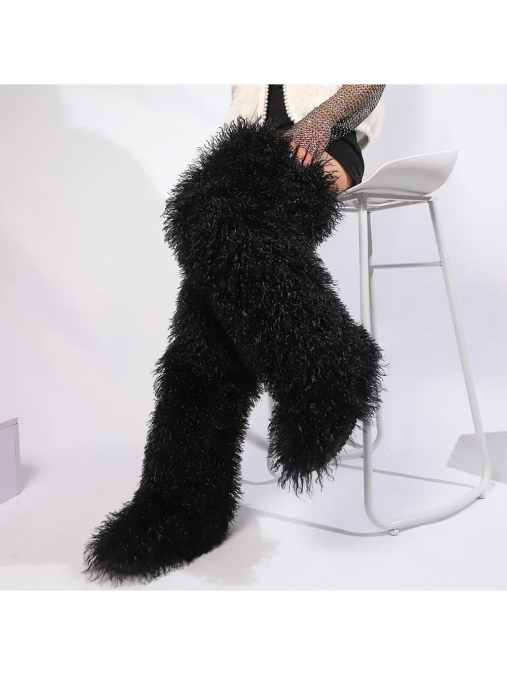 Women's Black Round Toe Comfort Over The Knee Fluffy Fur Thigh High Boots